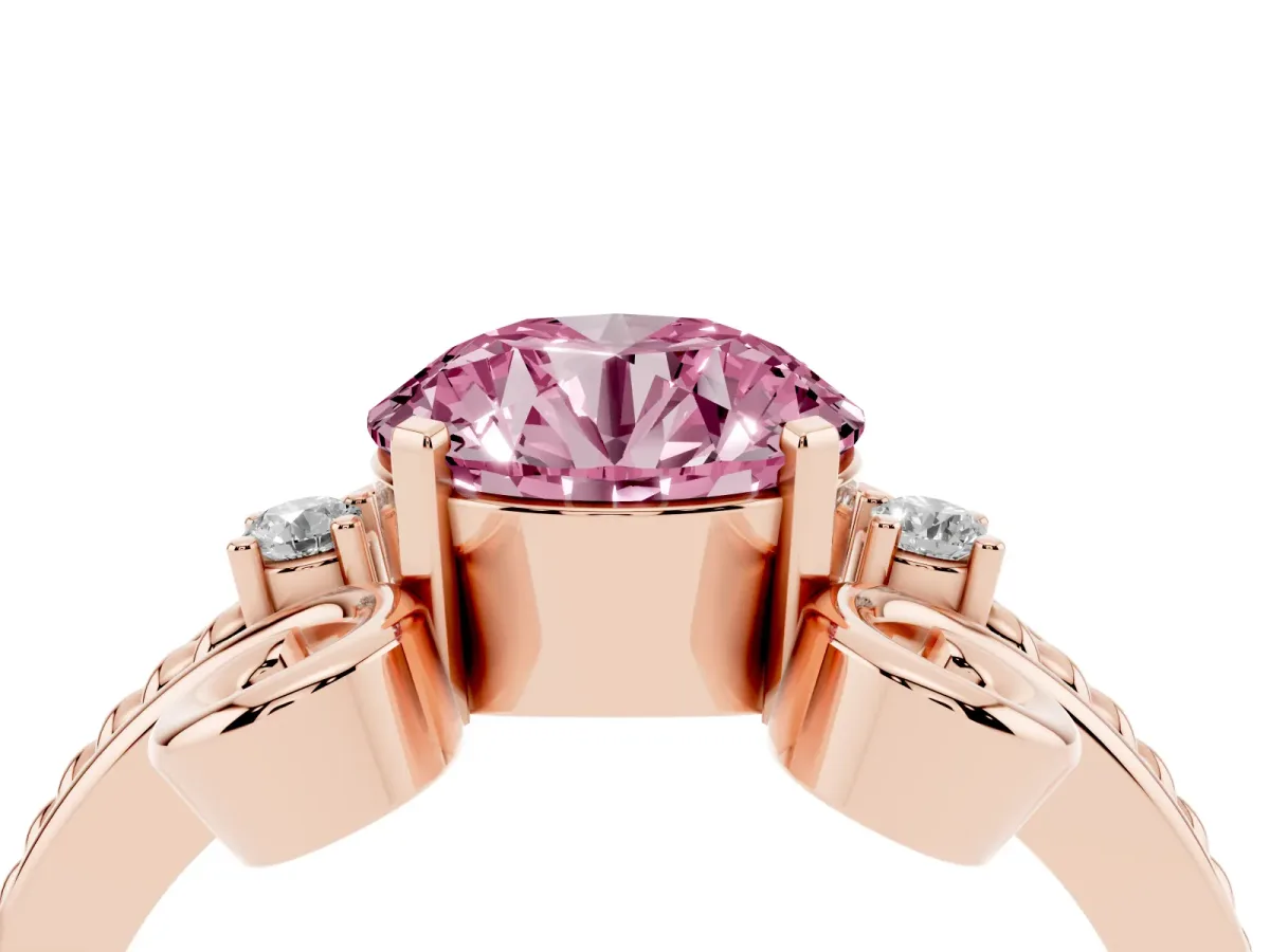 Fancy Pink Round Cut Solitaire Twisted Band Scroll Prong Ring Rose gold