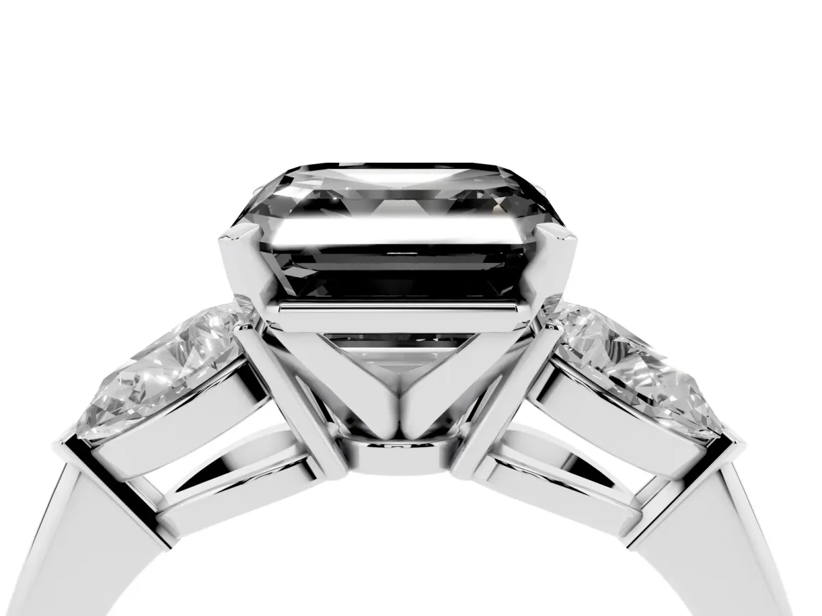 Fancy Black Three-Stone Asscher Cut Diamond Ring with Pear Side Stones and Four-Prong Setting Silver