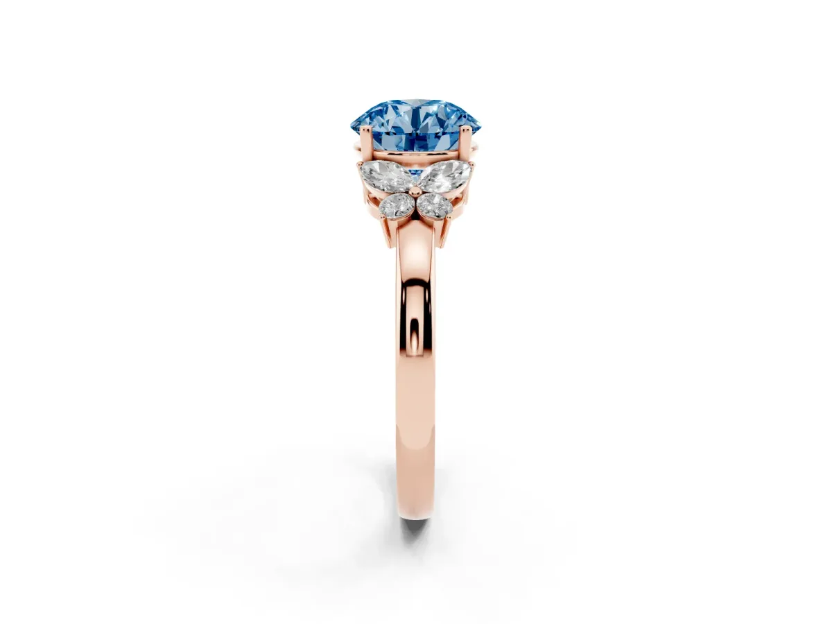 Fancy Blue Round Cut Cut Solitaire Floral Diamond Ring with Four-Prong Setting Rose gold