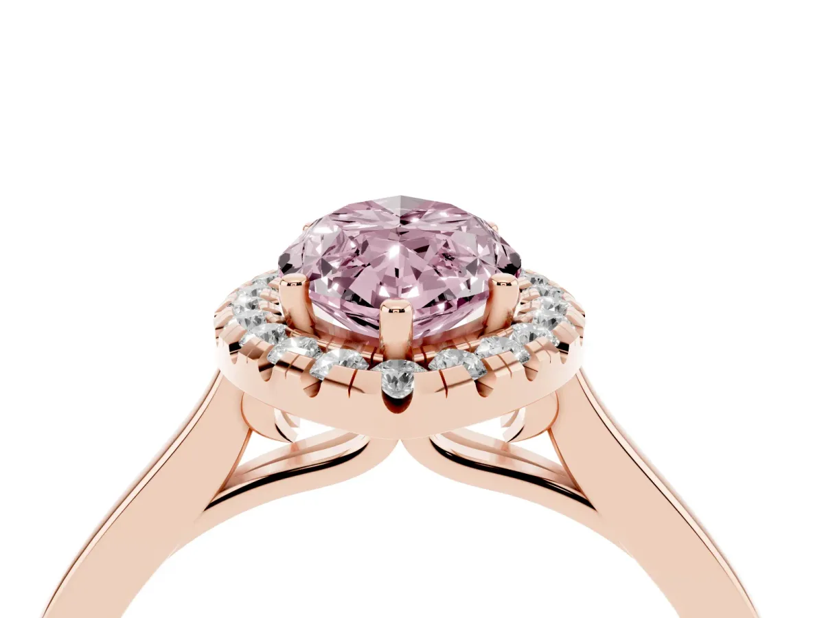 Fancy Pink Marquise Cut Halo Round Diamond Solitaire Ring with Pavé Band and Four-Prong Setting Rose gold