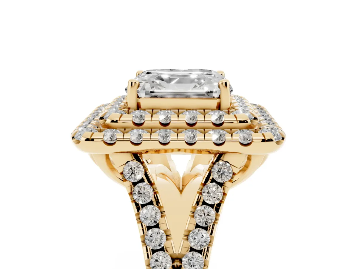 Double Halo Asscher Cut Diamond Pavé Split Shank Ring with Prong Setting Yellow gold