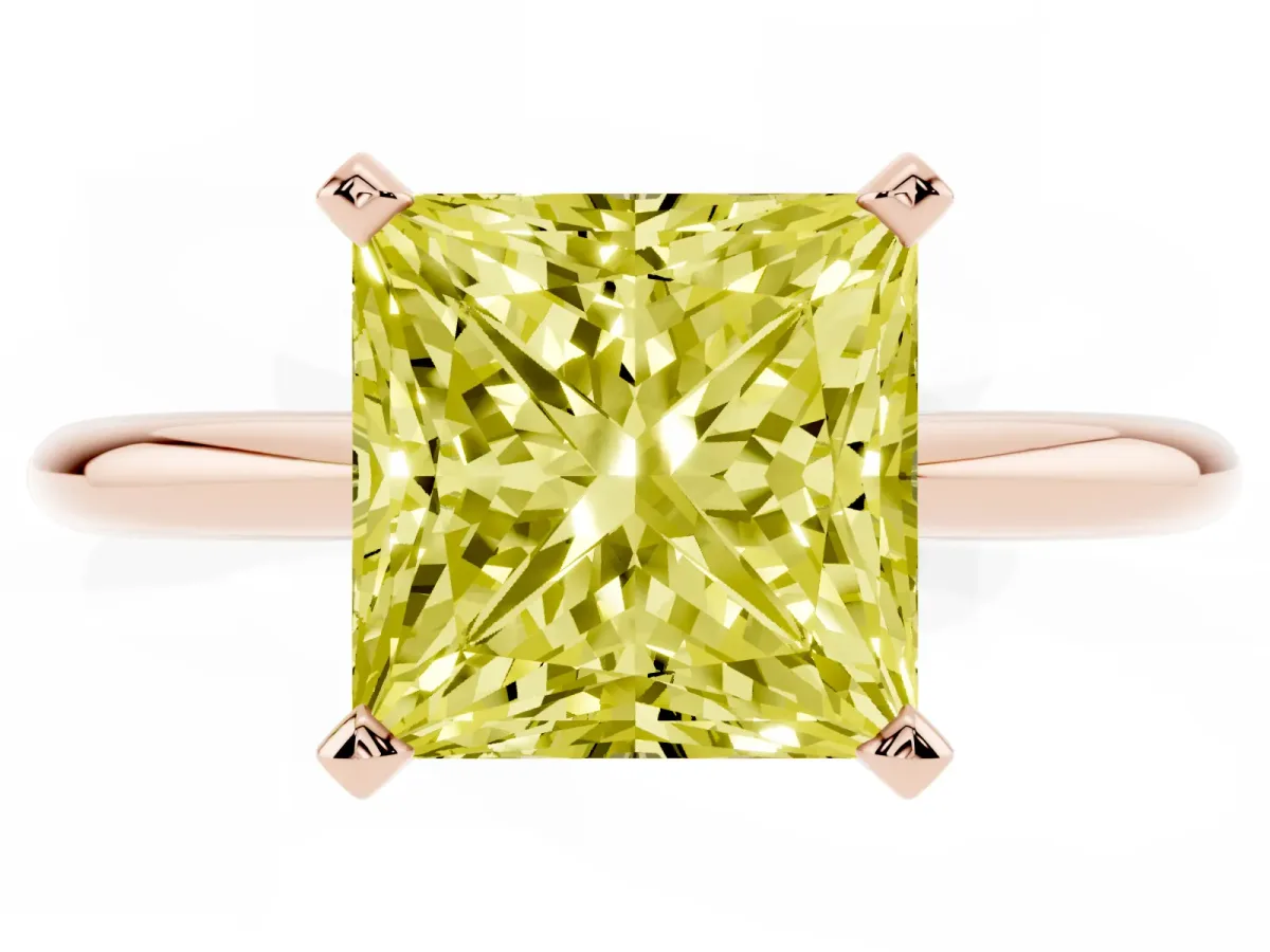 Fancy Yellow Princess Cut Diamond Solitaire Ring with Prong Setting and Classic Band Rose gold