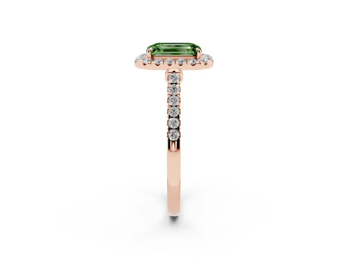 Fancy Green Emerald Cut Halo Pave Diamond Engagement Ring with Four-Prong Setting Rose gold