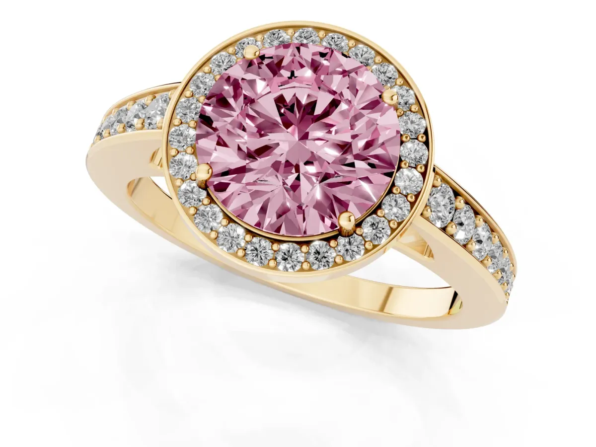 Fancy Pink Round Cut Halo Pavé Diamond Engagement Ring with Bezel Setting Yellow gold