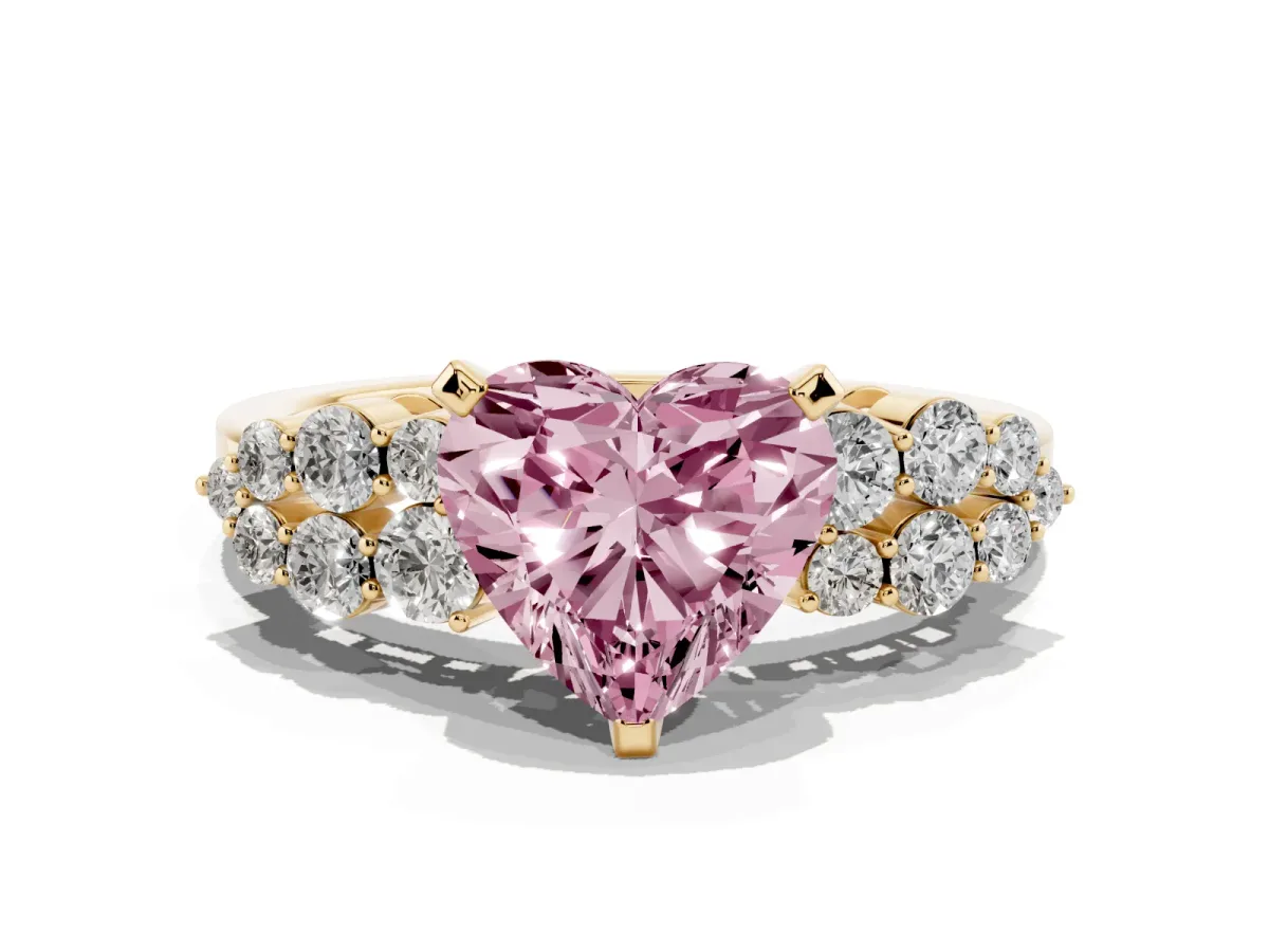 Fancy Pink Heart Cut Cluster Diamond Engagement Ring with Pavé Band and Four-Prong Setting Yellow gold