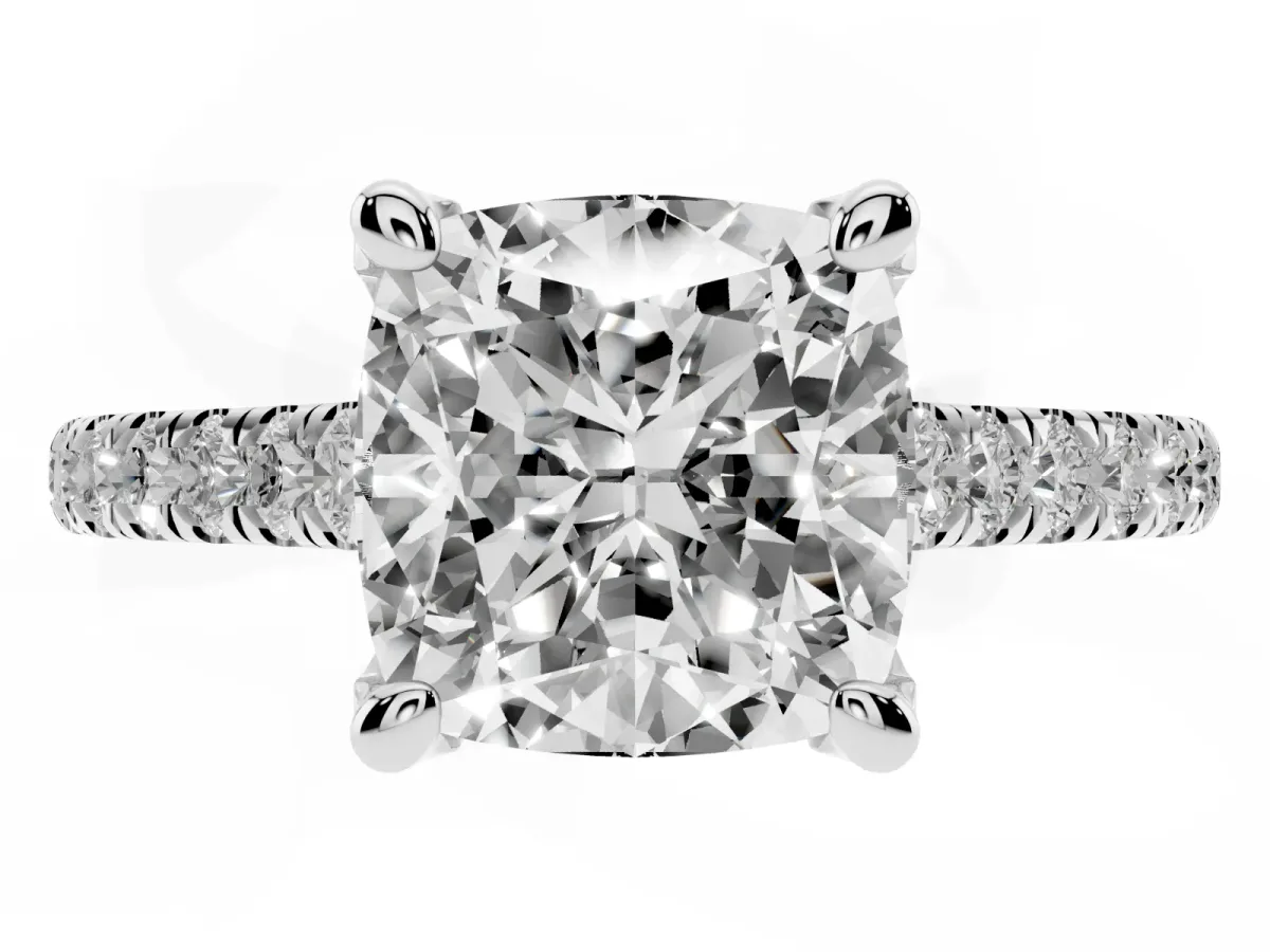 Cushion Cut Brilliant Diamond Solitaire with Pavé Band and Four-Prong Setting Silver
