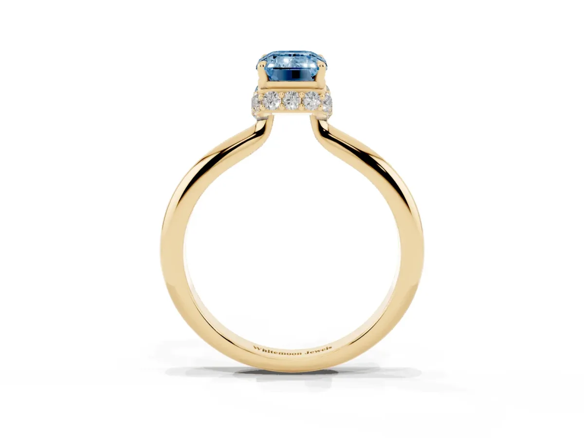 Fancy Blue Emerald Cut Brilliant Solitaire Engagement Ring with Six-Prong Setting and Classic Band Yellow gold