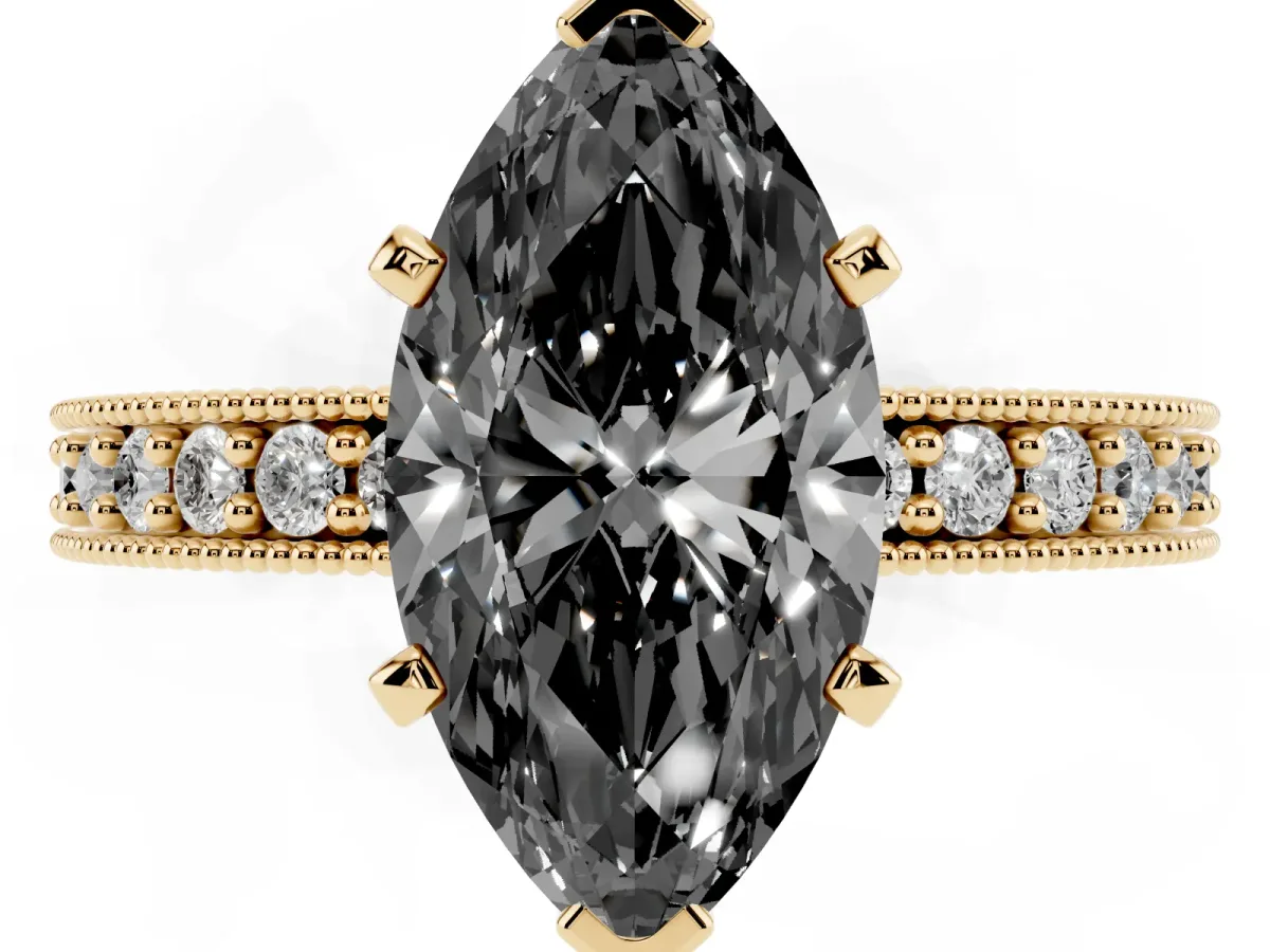 Fancy Black Marquise Cut Diamond Milgrain Pavé Engagement Ring with Four-Prong Setting Yellow gold
