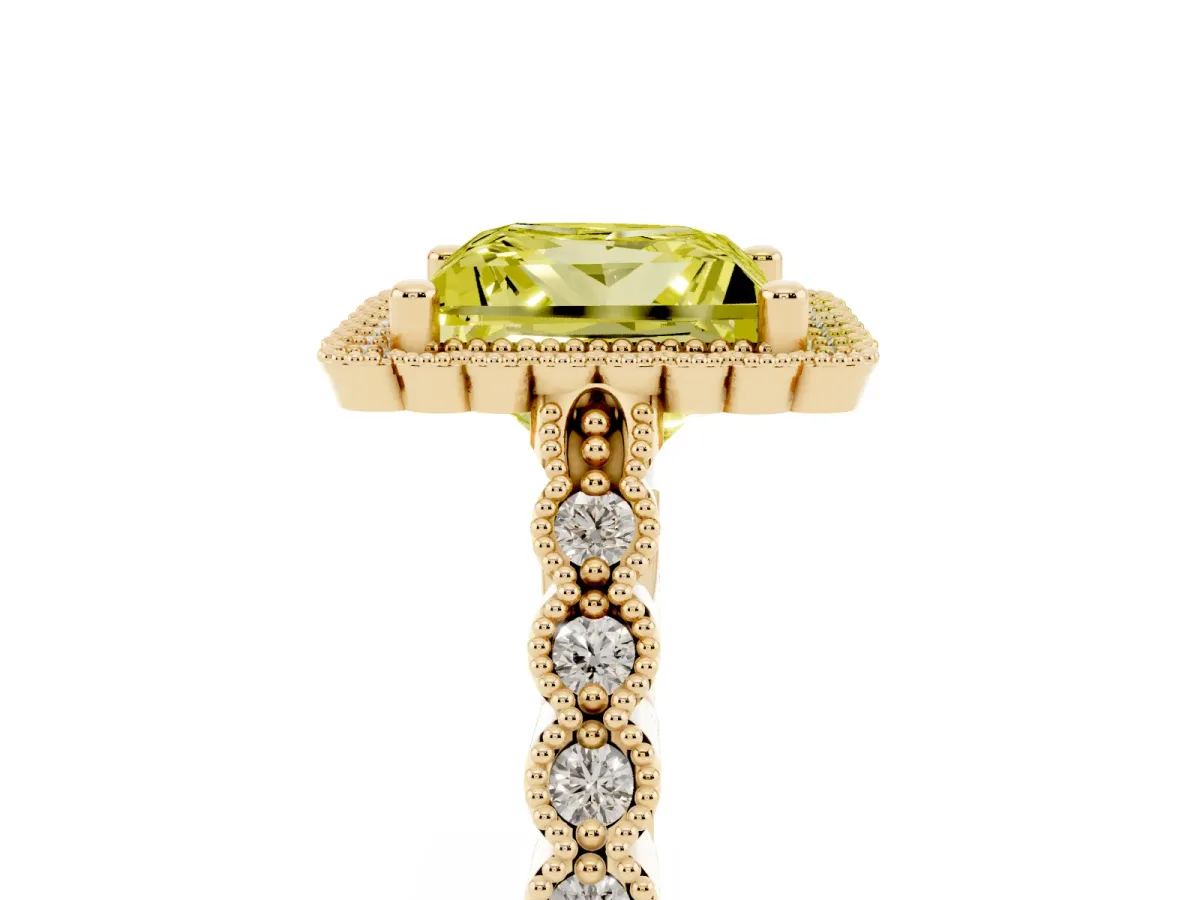 Fancy Yellow Princess Cut Cut Halo Pavé Solitaire Ring with Milgrain Band Yellow gold