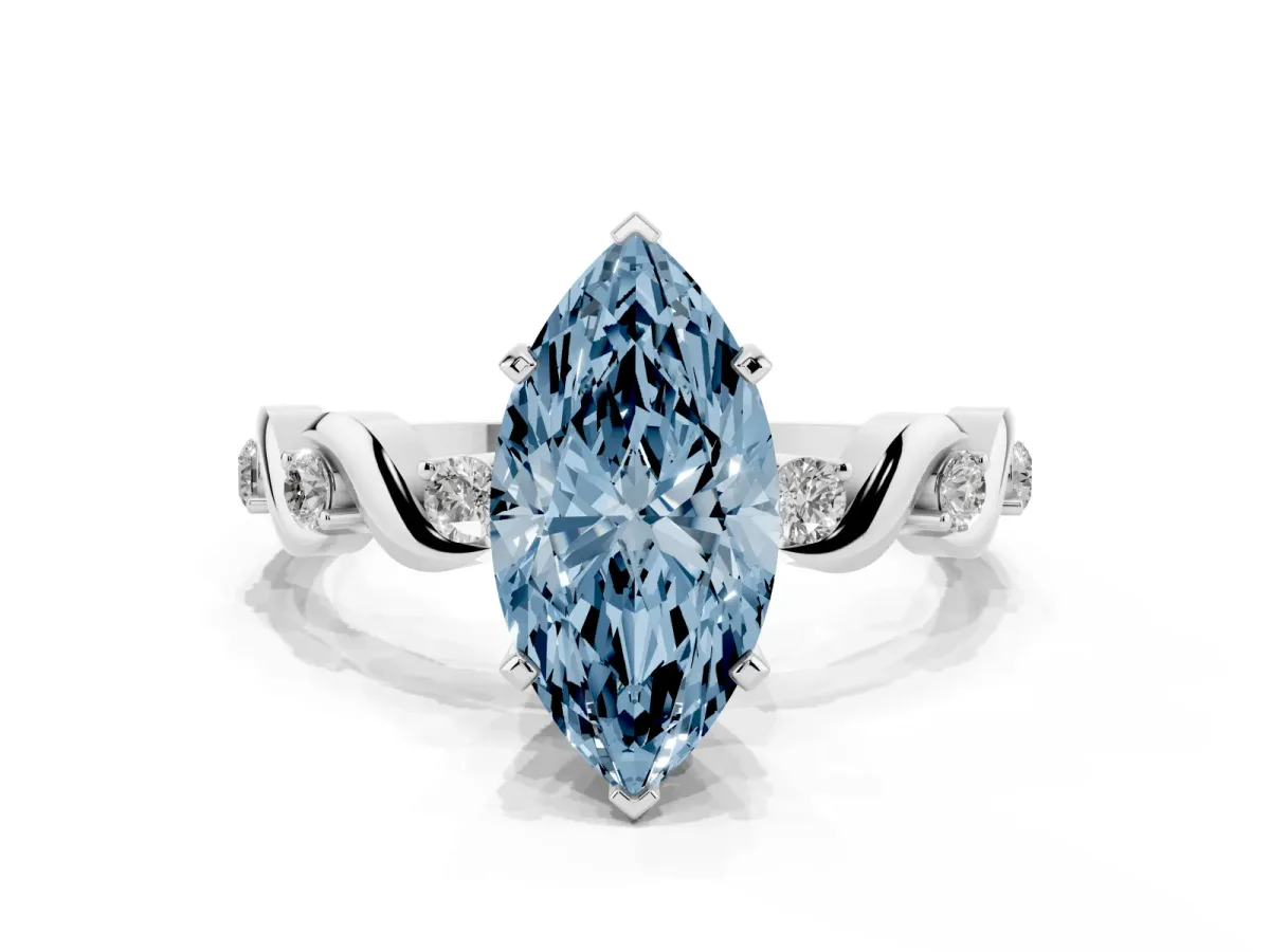 Fancy Blue Marquise Cut Diamond Solitaire Twisted Band with Round Accents and Prong Setting Platinum