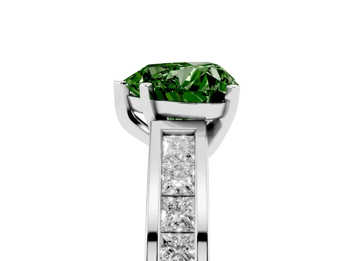 Fancy Green Heart Cut Solitaire Diamond Ring with Channel-Set Band and Four-Prong Setting White gold