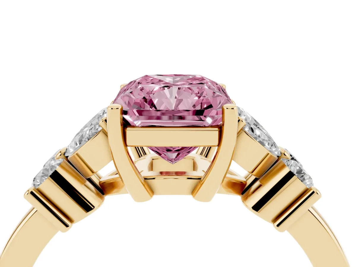 Fancy Pink Radiant Cut Diamond Floral Cluster Ring with Solitaire Band and Prong Setting Yellow gold