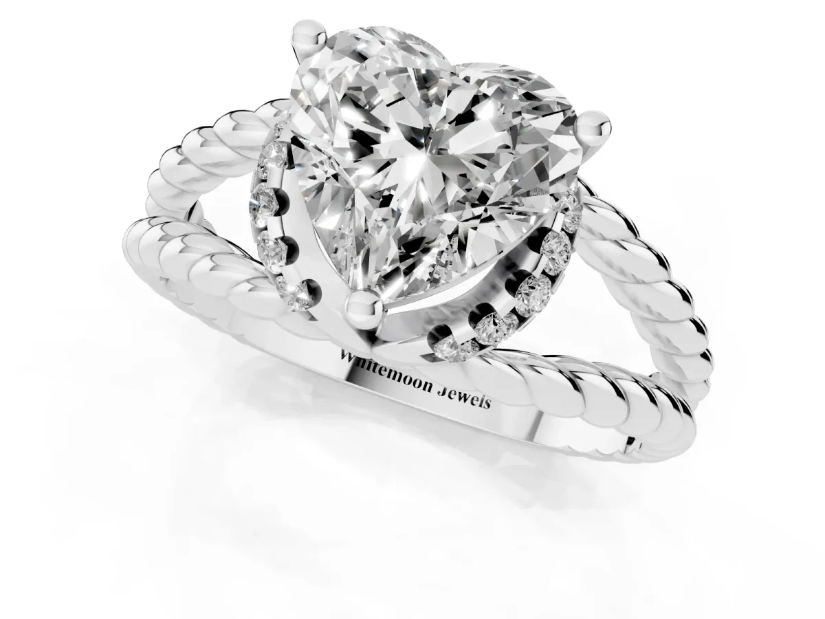 Heart Cut Halo Twisted Band Four-Prong Ring Silver
