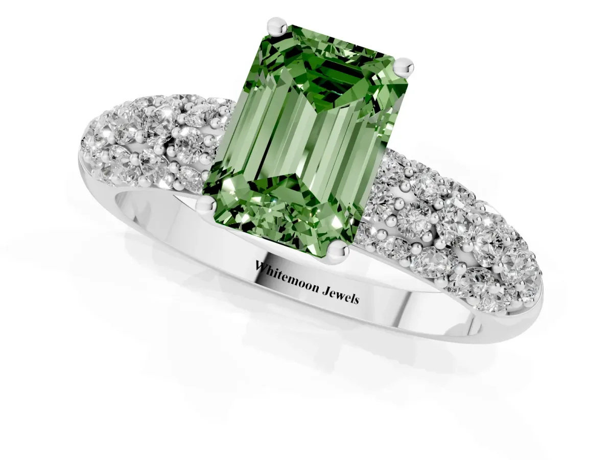 Fancy Green Emerald Cut Diamond Pavé Band Solitaire Ring with Four-Prong Setting Silver