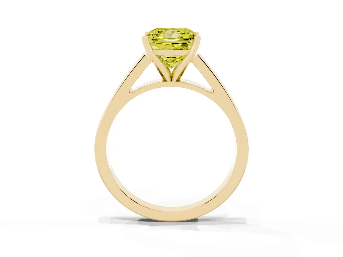 Fancy Yellow Princess Cut Solitaire Engagement Ring with Four-Prong Setting and Tapered Band Yellow gold
