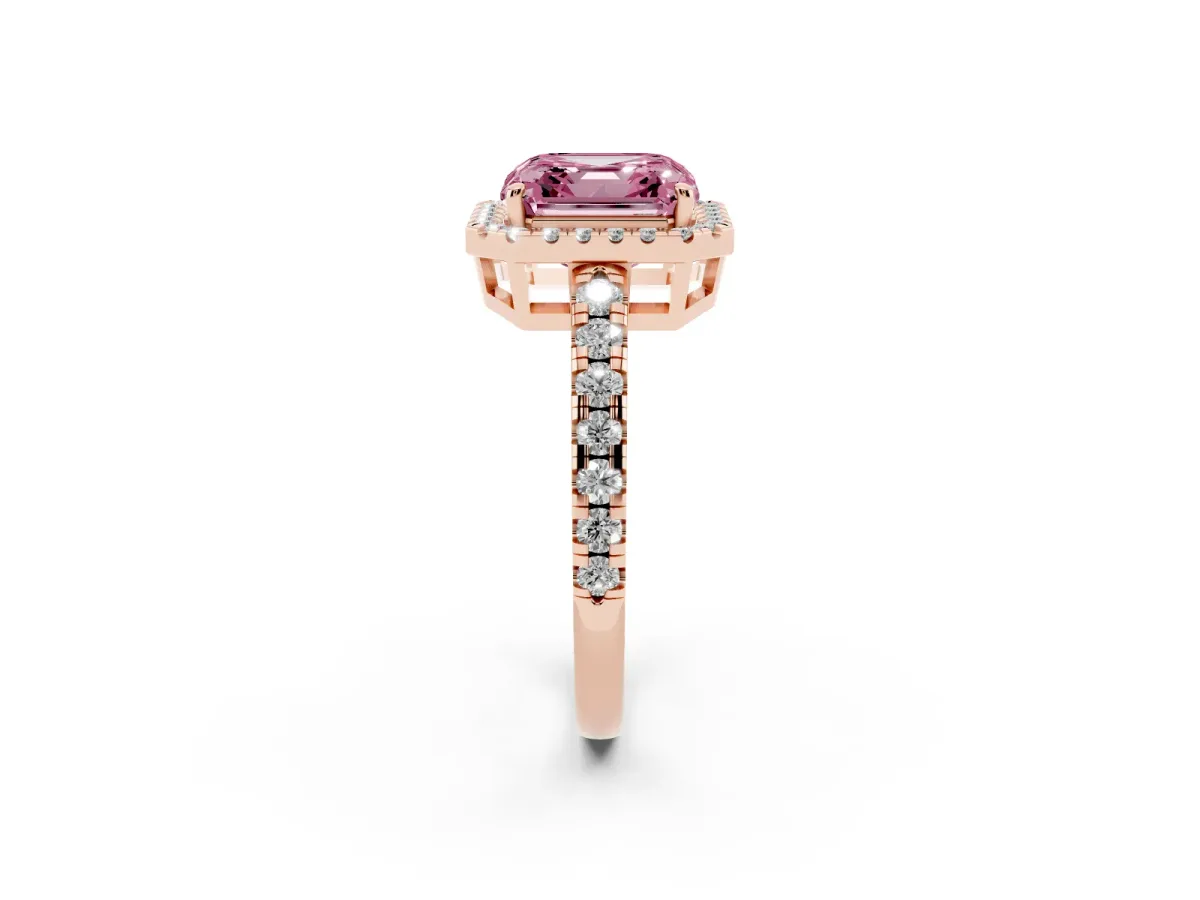 Fancy Pink Asscher Cut Diamond Halo Ring with Pavé Band and Four-Prong Setting Rose gold