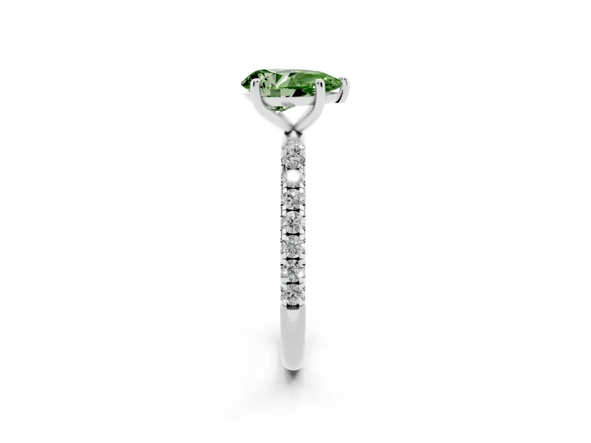 Fancy Green Pear Cut Cut Diamond Solitaire Ring with Micro Pave Band and Four Prong Setting Silver
