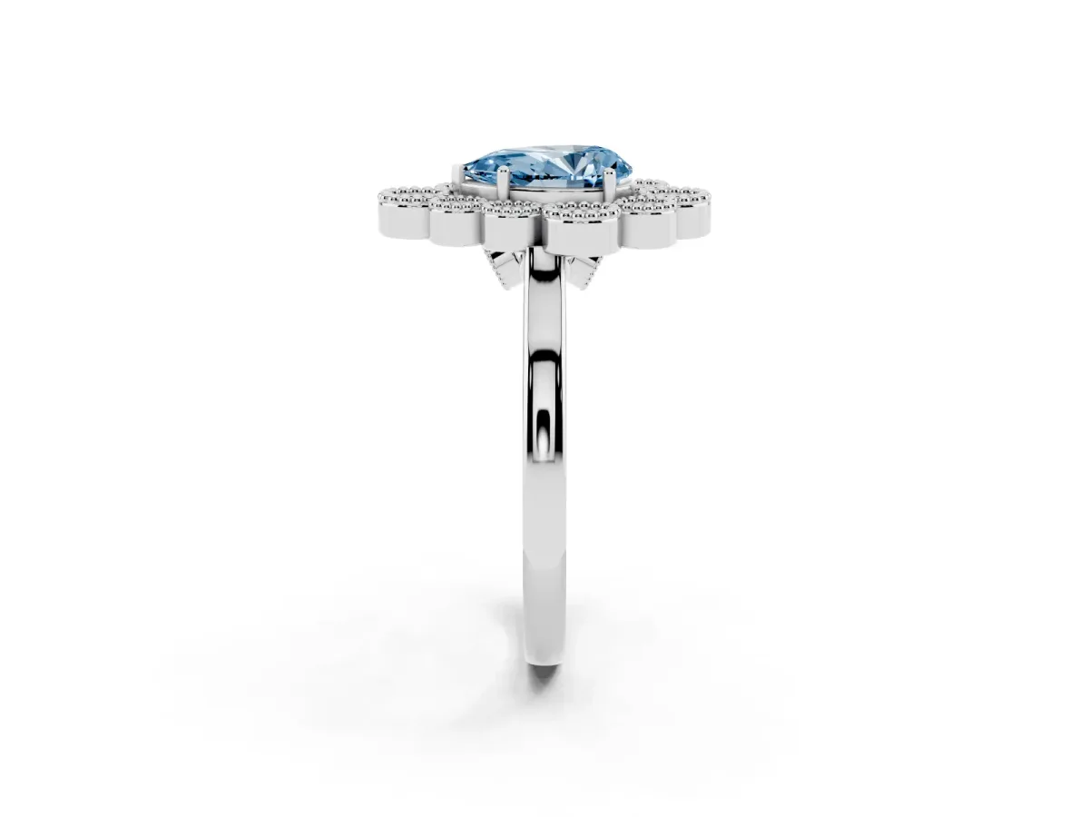 Fancy Blue Pear Cut Halo Diamond Cluster Engagement Ring with Milgrain Bezel Setting and Solitaire Band Platinum