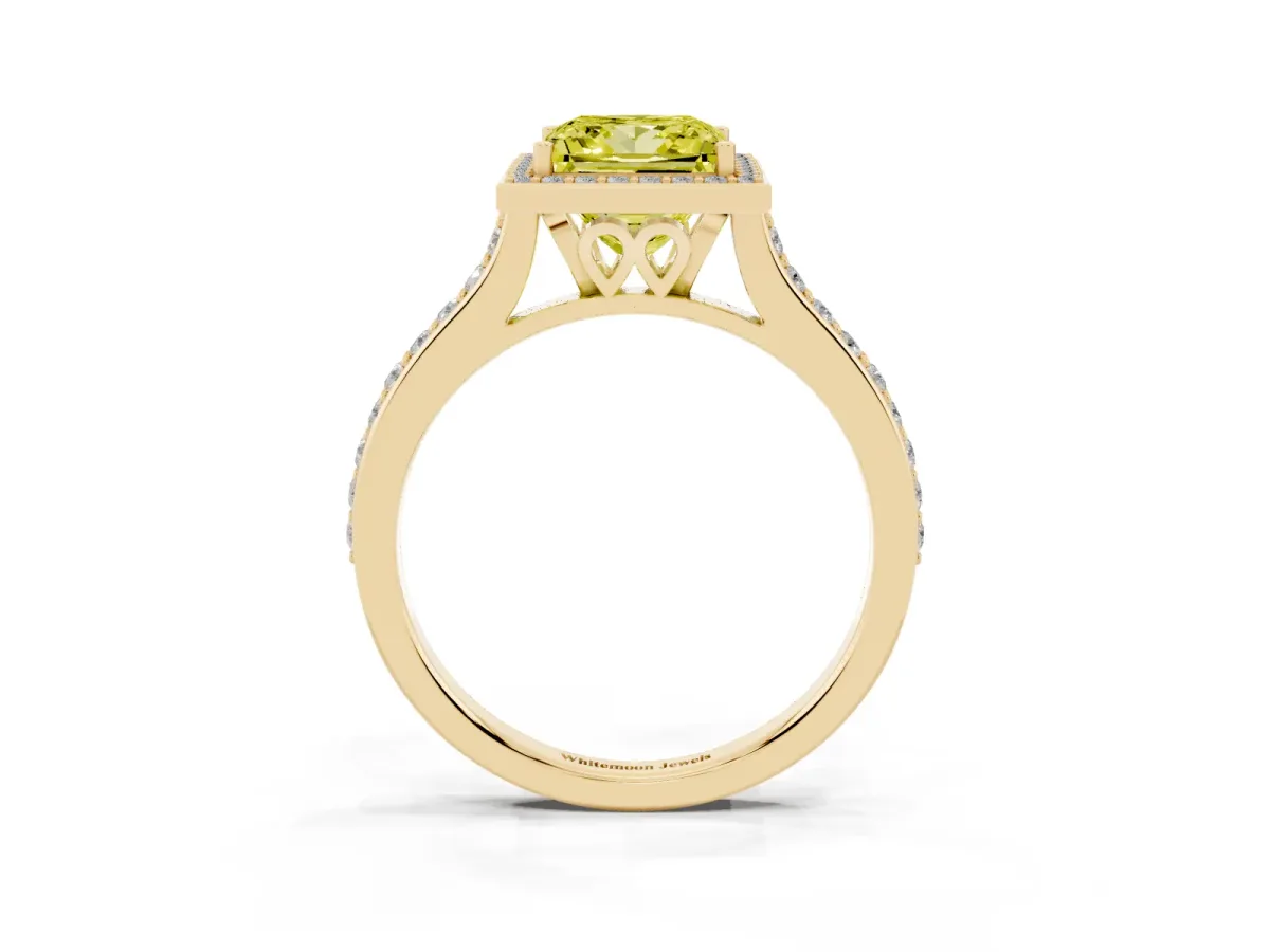 Fancy Yellow Princess Cut Diamond Halo Engagement Ring with Round Pavé Shoulders and Prong Setting Yellow gold