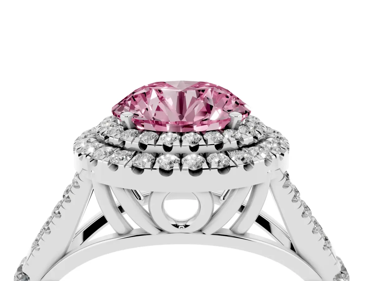 Fancy Pink Round Cut Diamond Double Halo Ring with Split Shank and Prong Setting Platinum