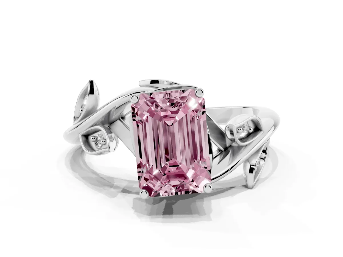 Fancy Pink Emerald Cut Solitaire Twist Engagement Ring with Leaf Accents and Prong Setting Silver