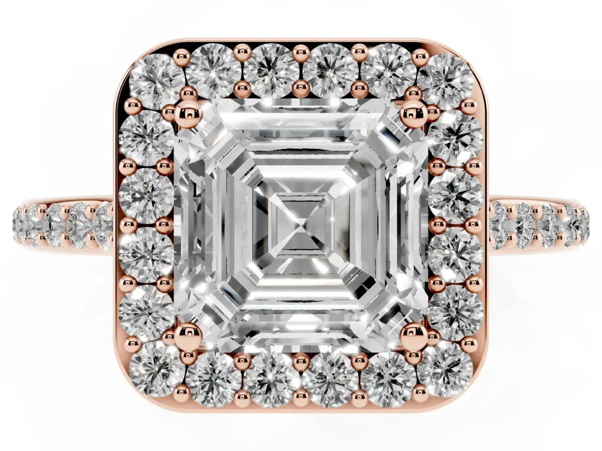 Asscher Cut Diamond Halo Engagement Ring with Round Pavé Shoulders and Prong Setting Rose gold