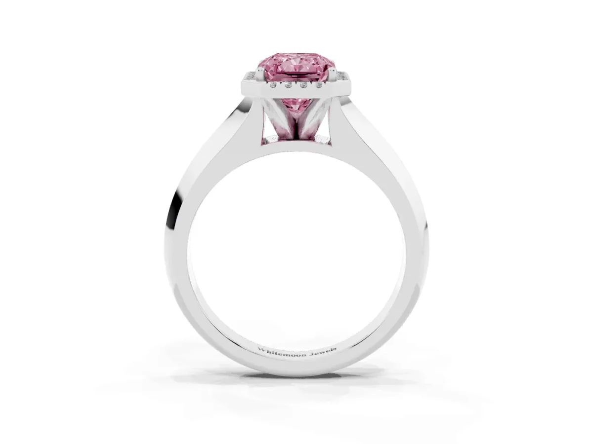 Fancy Pink Radiant Cut Halo Diamond Ring with Cathedral Band and Four-Prong Setting White gold