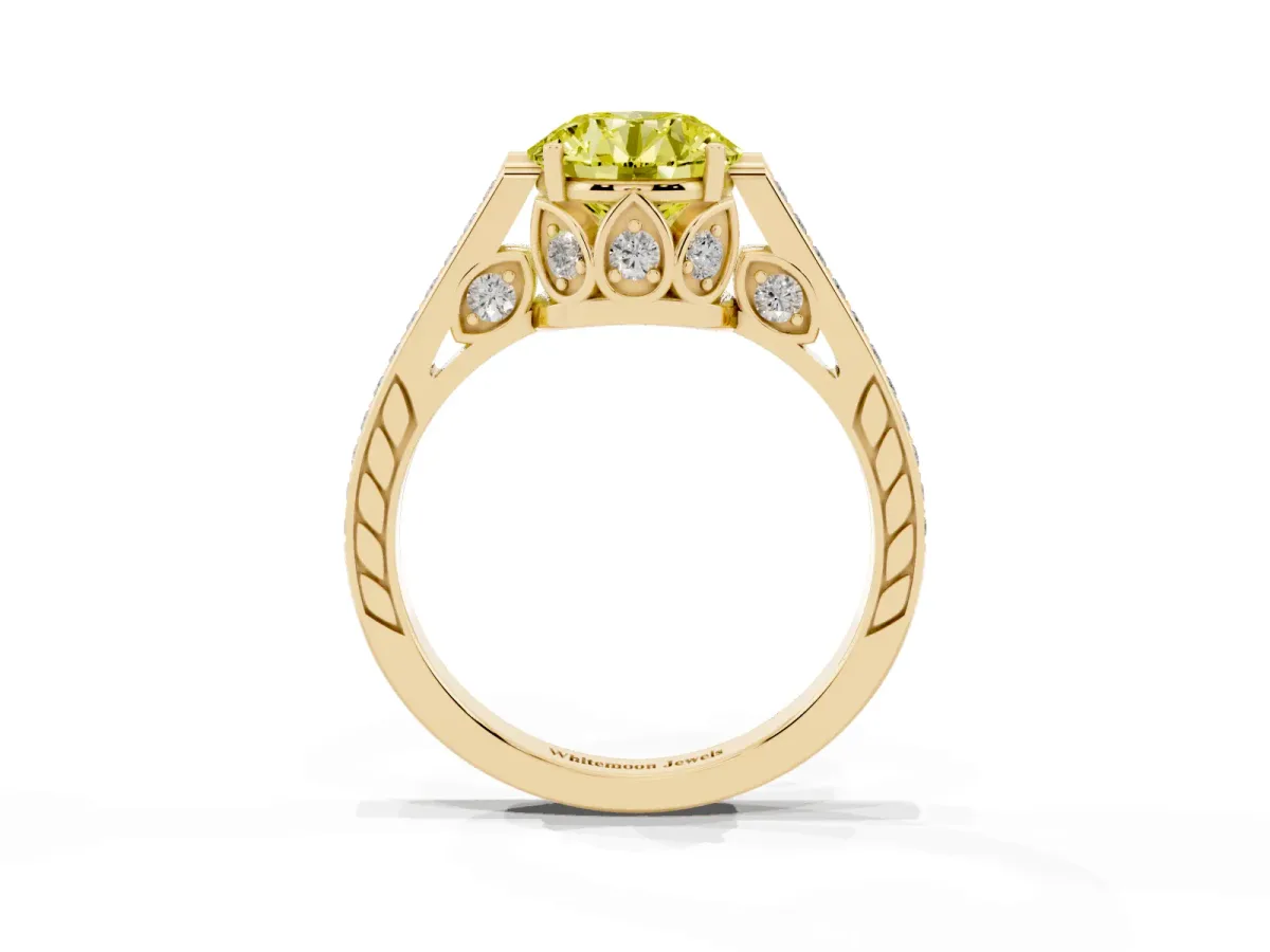 Fancy Yellow Round Cut Cut Cathedral Pave Diamond Engagement Ring with Six-Prong Setting Yellow gold