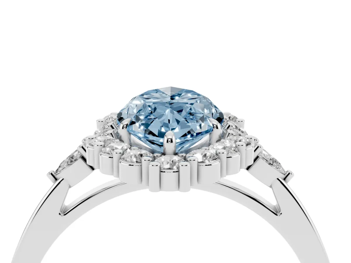 Fancy Blue Marquise Cut Diamond Halo Ring with Pear Side Stones and Prong Setting Silver