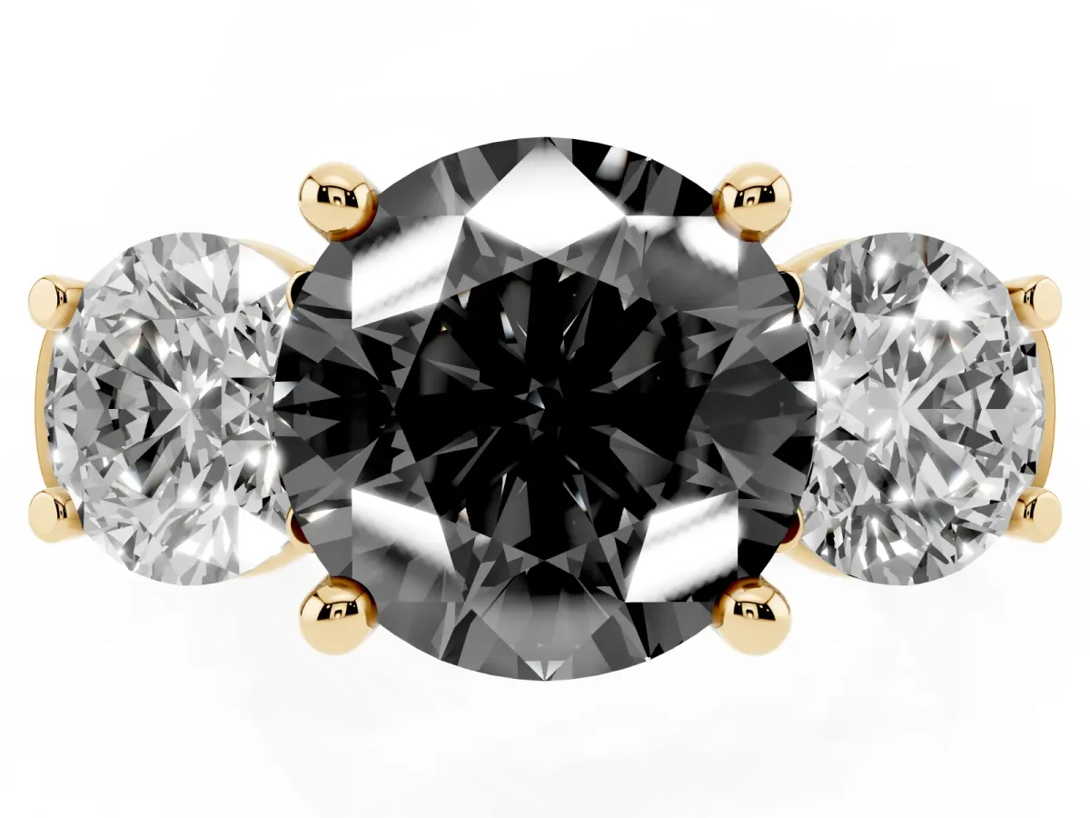 Fancy Black Three-Stone Round Cut Brilliant Diamond Trellis Ring with Comfort Fit Band Yellow gold