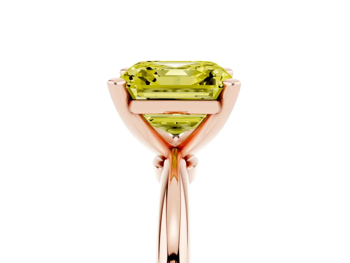 Fancy Yellow Asscher Cut Diamond Solitaire Ring with Prong Setting and Classic Band Rose gold