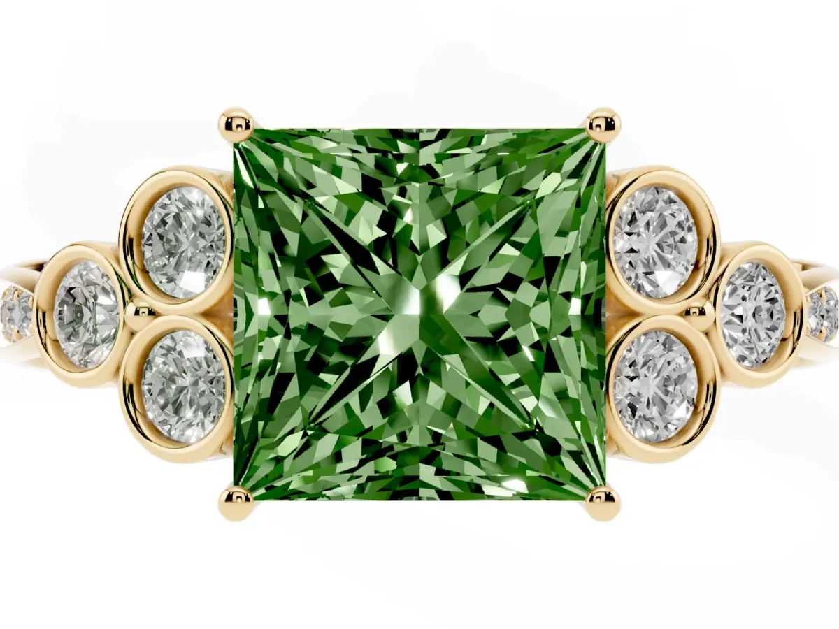 Fancy Green Princess Cut Cut Diamond Engagement Ring with Bezel Set Round Side Stones and Prong Setting Yellow gold