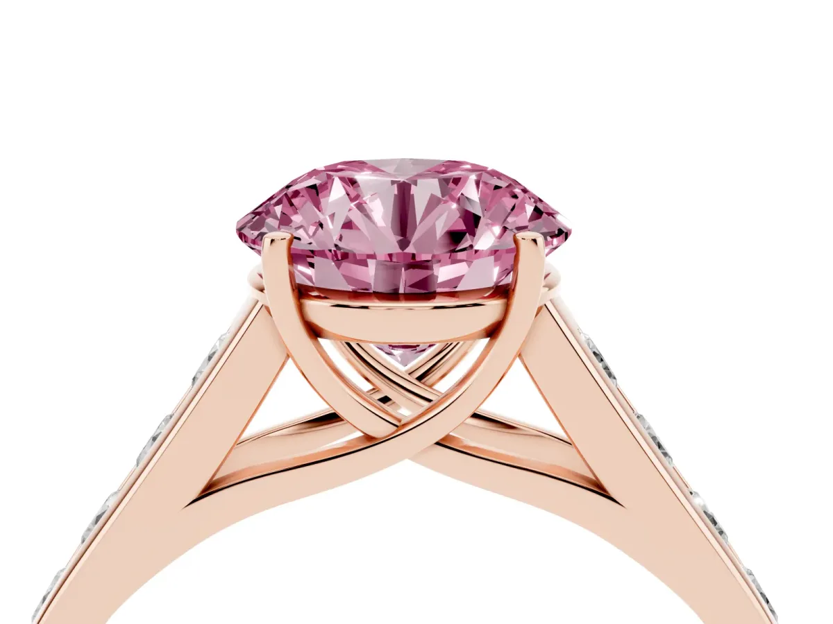 Fancy Pink Round Cut Brilliant Channel-Set Solitaire Ring with Four-Prong Setting Rose gold