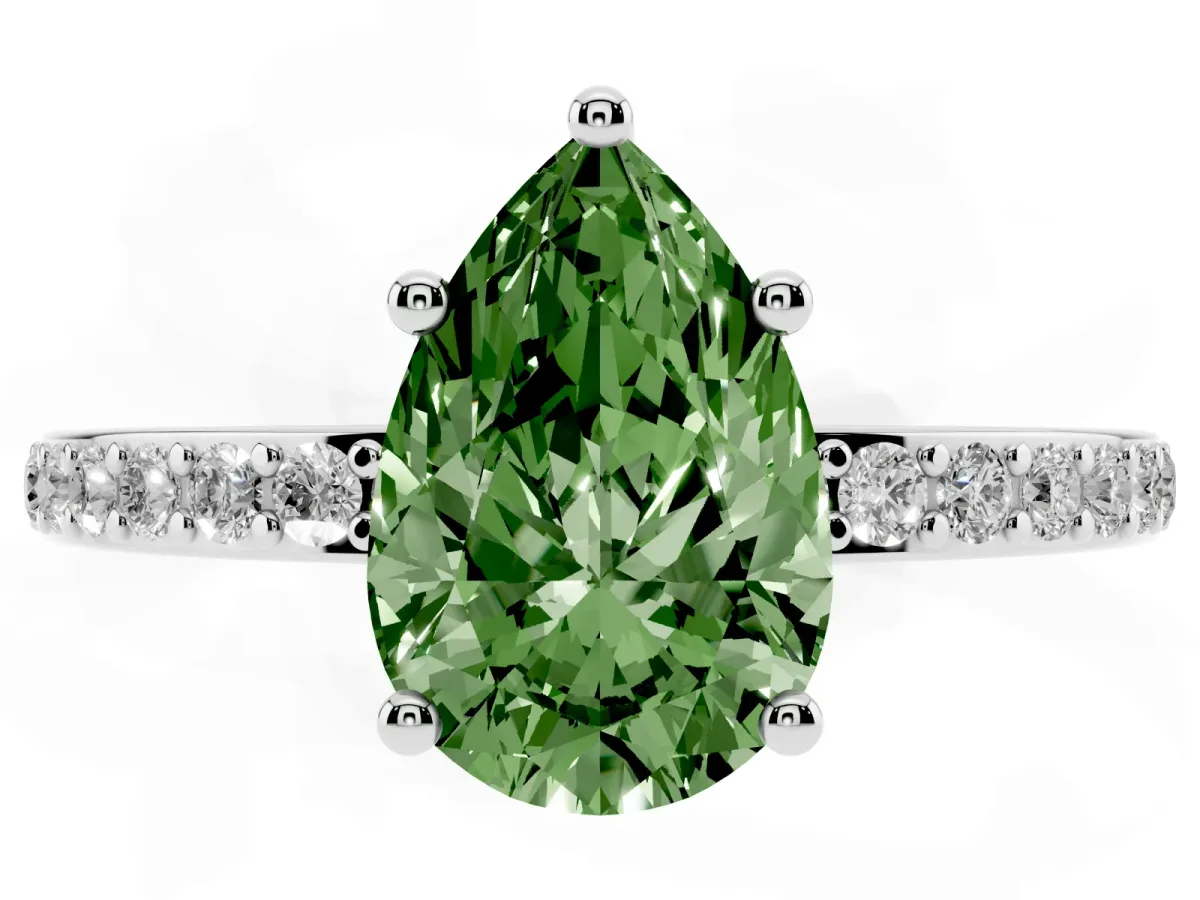 Fancy Green Pear Cut Cut Diamond Pavé Band Ring with Four-Prong Setting Platinum