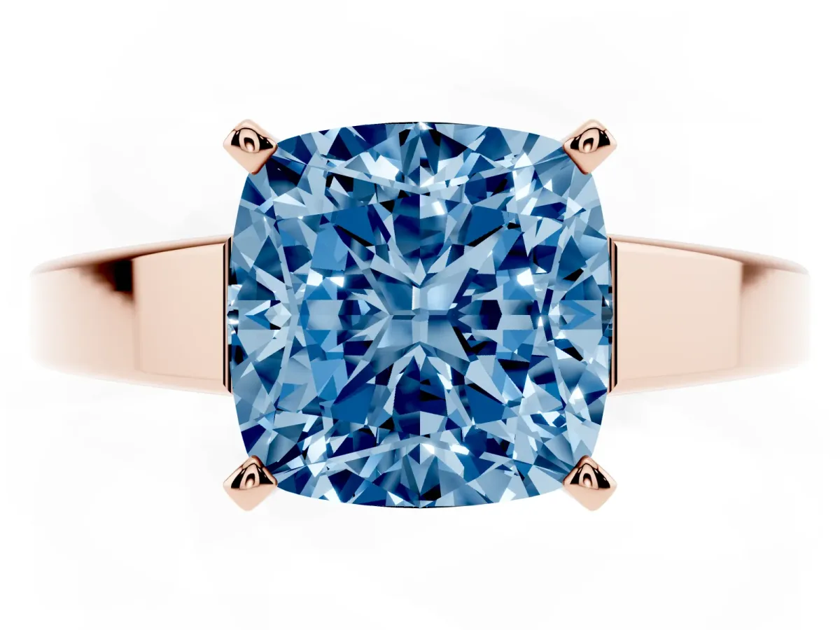 Fancy Blue Cushion Cut Solitaire Engagement Ring with Four-Prong Setting and Tapered Band Rose gold