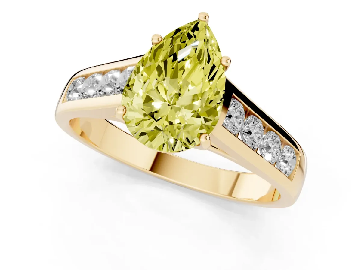 Fancy Yellow Pear Cut Brilliant Channel-Set Solitaire Ring with Four-Prong Setting Yellow gold
