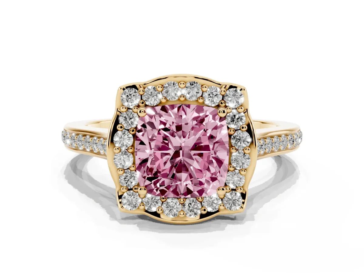 Fancy Pink Cushion Cut Halo Round Diamond Pave Band with Four-Prong Setting Yellow gold