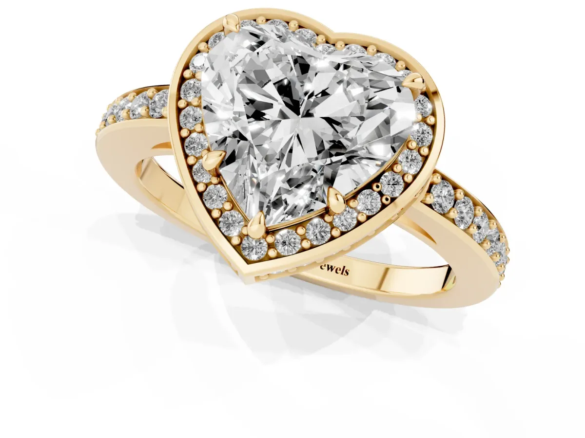 Heart Cut Halo Pave Band Solitaire Ring with Prong Setting Yellow gold