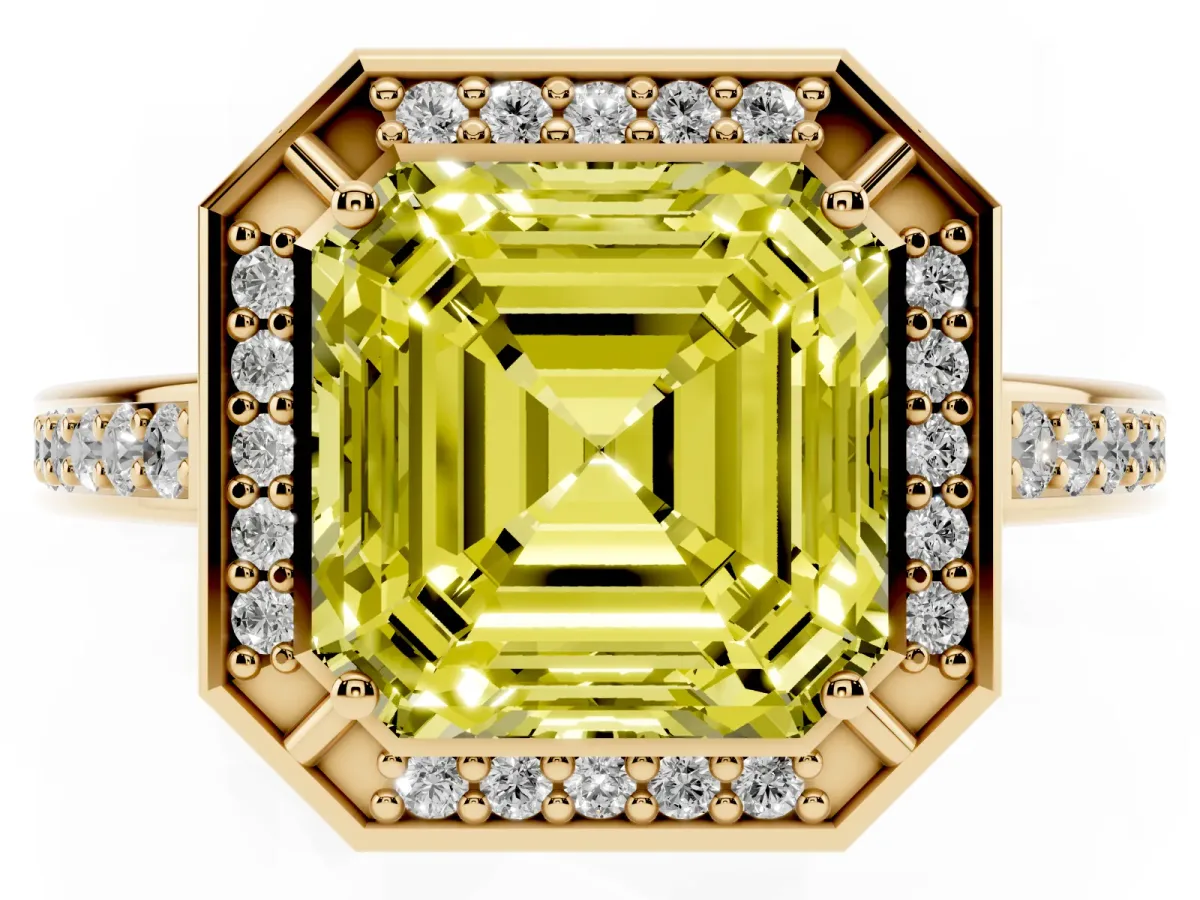 Fancy Yellow Asscher Cut Cut Halo Pave Split Shank Prong Setting Ring Yellow gold