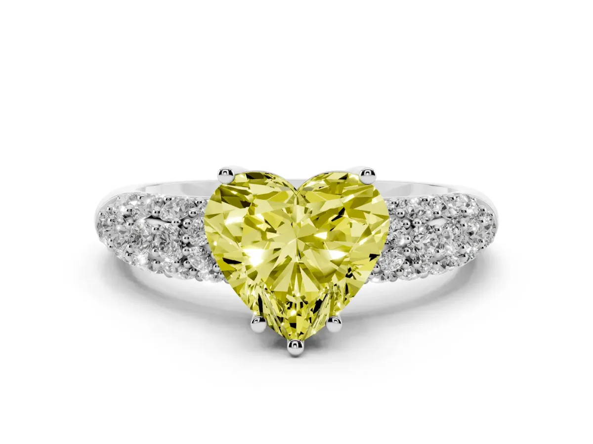 Fancy Yellow Heart Cut Diamond Pavé Band Solitaire Ring with Four-Prong Setting Silver