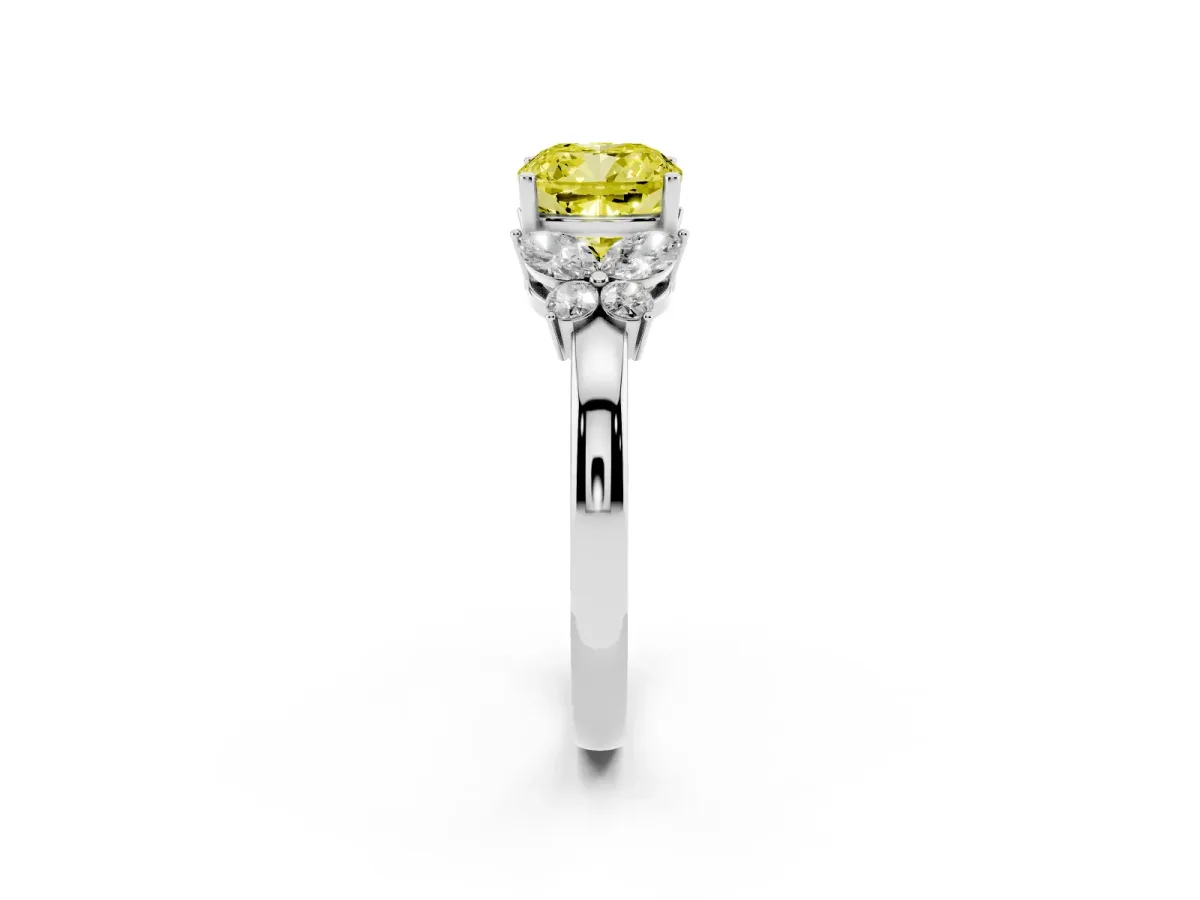 Fancy Yellow Cushion Cut Cut Solitaire Floral Diamond Ring with Four-Prong Setting Silver