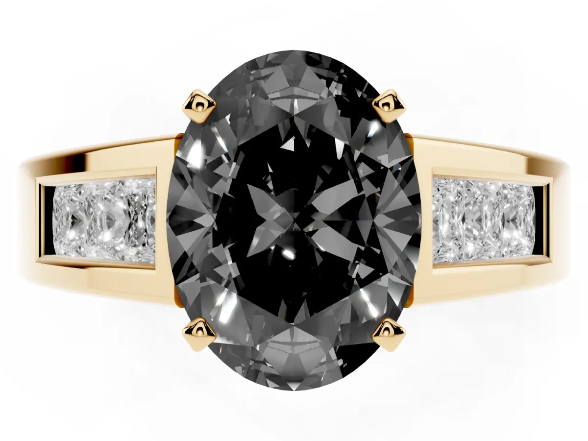 Fancy Black Oval Cut Cut Channel Set Solitaire Ring with Four-Prong Setting Yellow gold