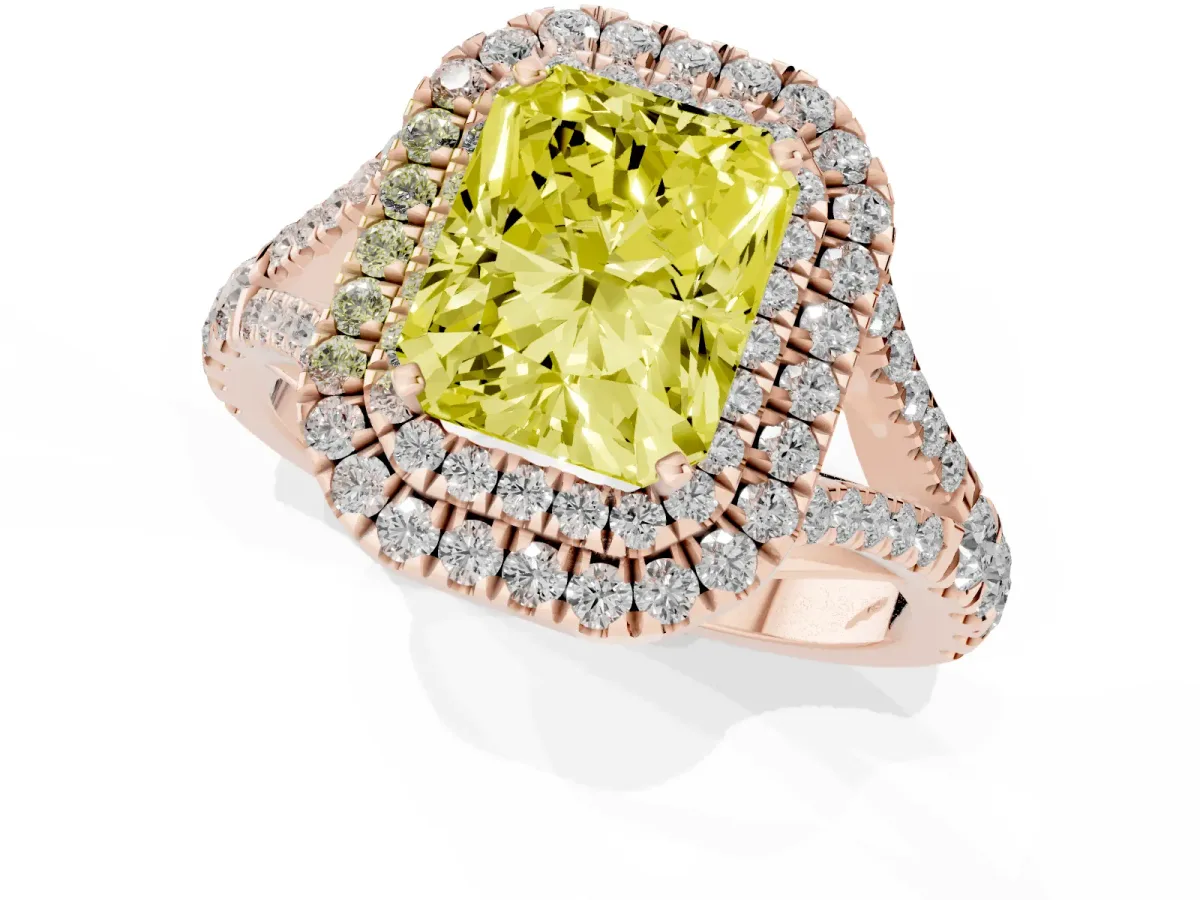 Fancy Yellow Radiant Cut Diamond Pavé Split Shank Double Halo Engagement Ring Rose gold