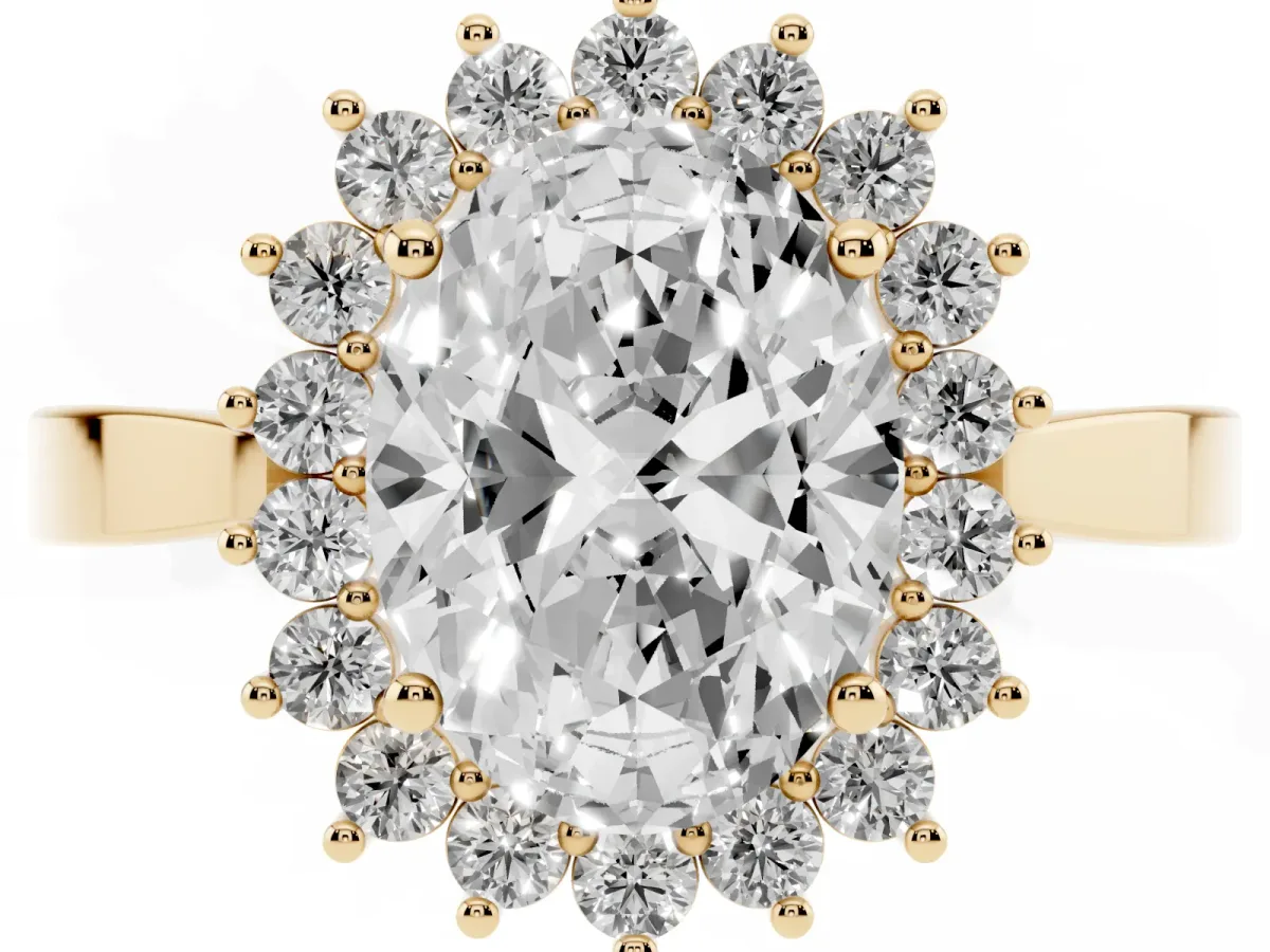 Oval Cut Cut Diamond Halo Ring with Round Brilliant Halo and Solitaire Band Yellow gold