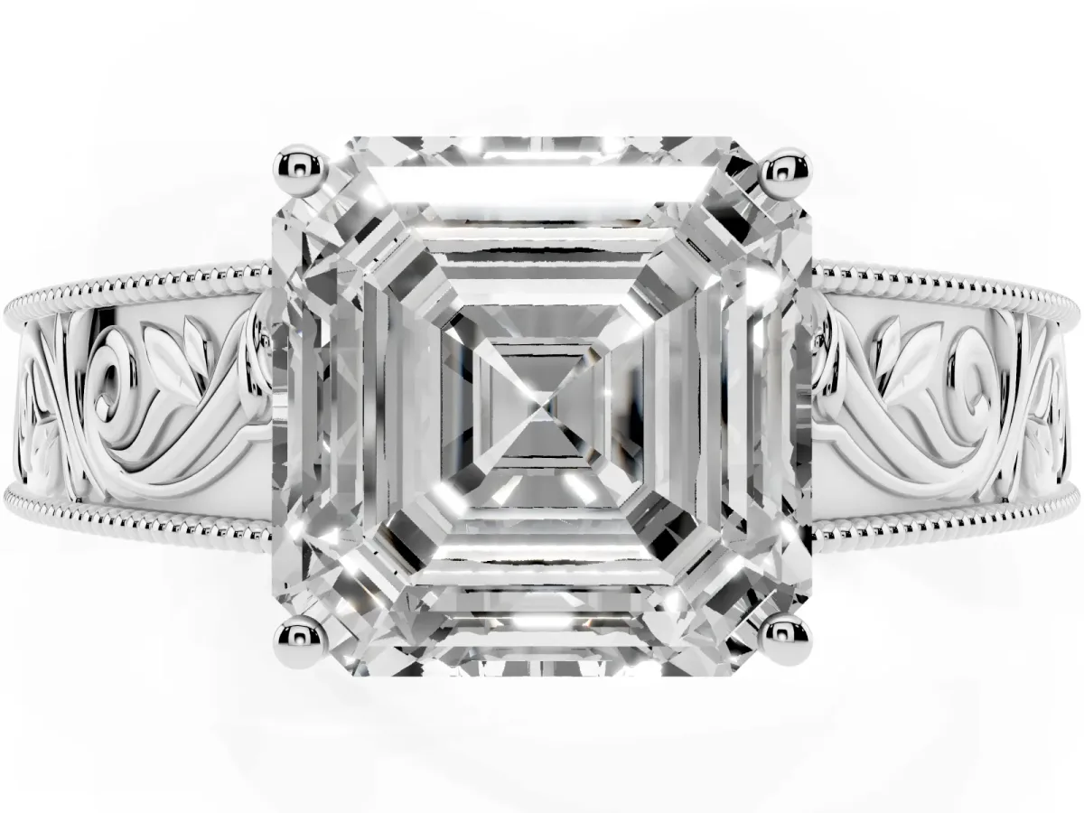 Asscher Cut Diamond Solitaire Ring with Engraved Band and Four-Prong Setting White gold