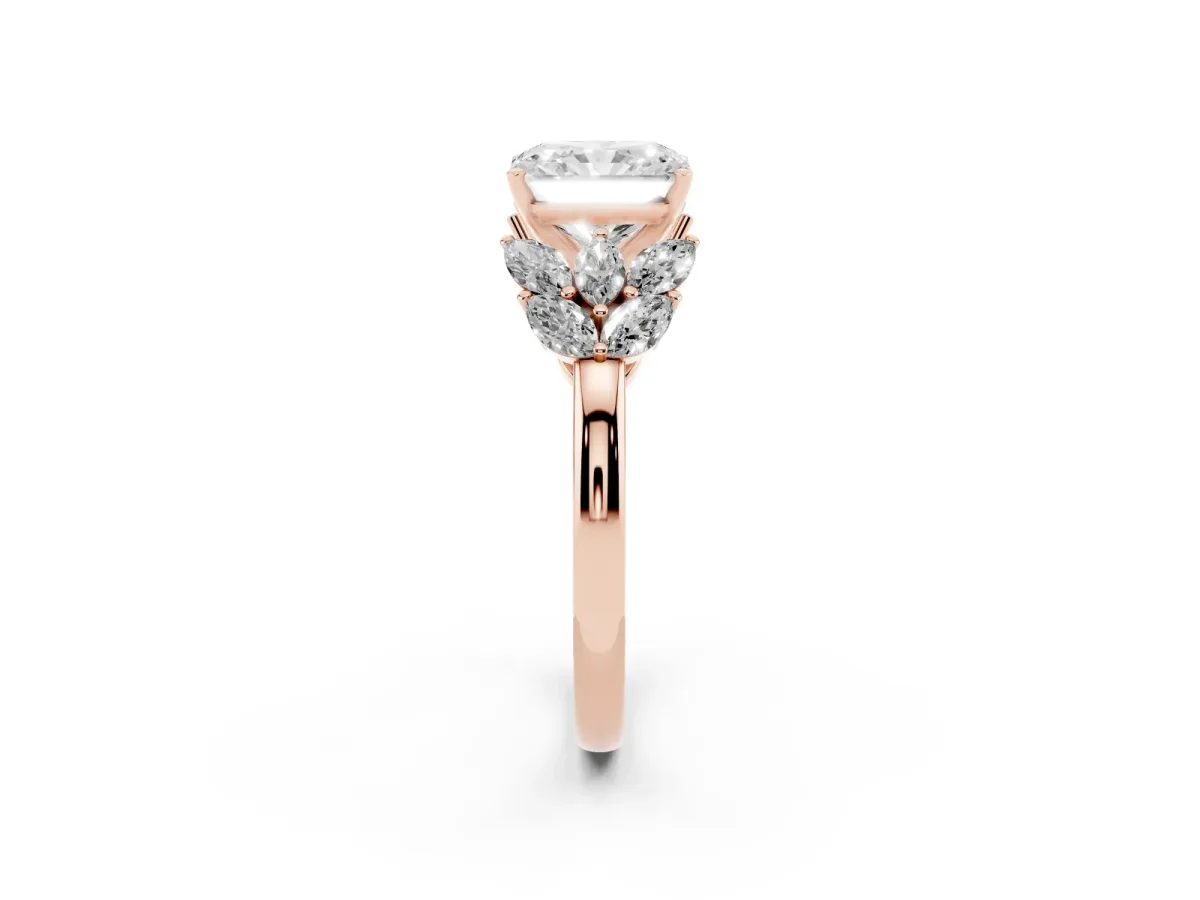 Radiant Cut Diamond Cluster Leaf Design Ring with Prong Setting Rose gold