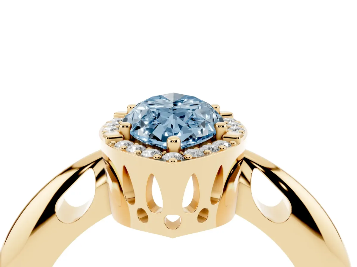 Fancy Blue Marquise Cut Cut Diamond Halo Engagement Ring with Split Shank and Four-Prong Setting Yellow gold