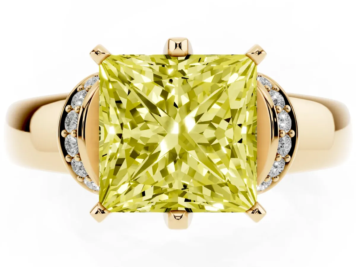 Fancy Yellow Princess Cut Solitaire Diamond Ring with Pave Band and Six-Prong Setting Yellow gold