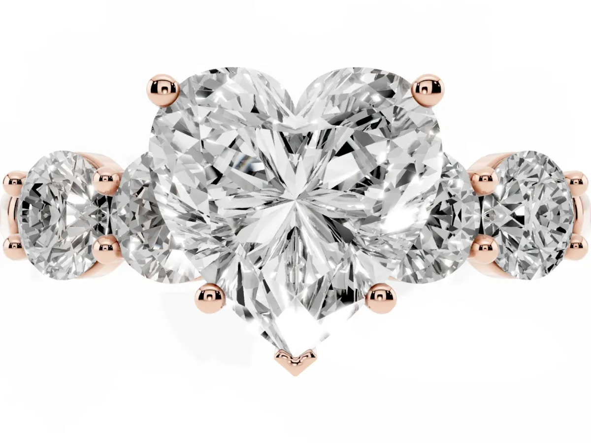 Heart Cut Cut Five-Stone Prong Set Diamond Ring with Classic Band Rose gold