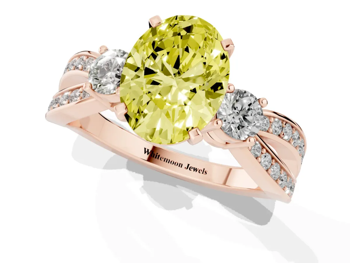Fancy Yellow Three-Stone Oval Cut Cut Diamond Twist Band with Prong Setting Rose gold
